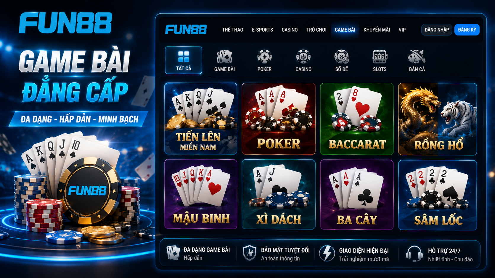 Giao diện chuyên mục Game Bài Fun88